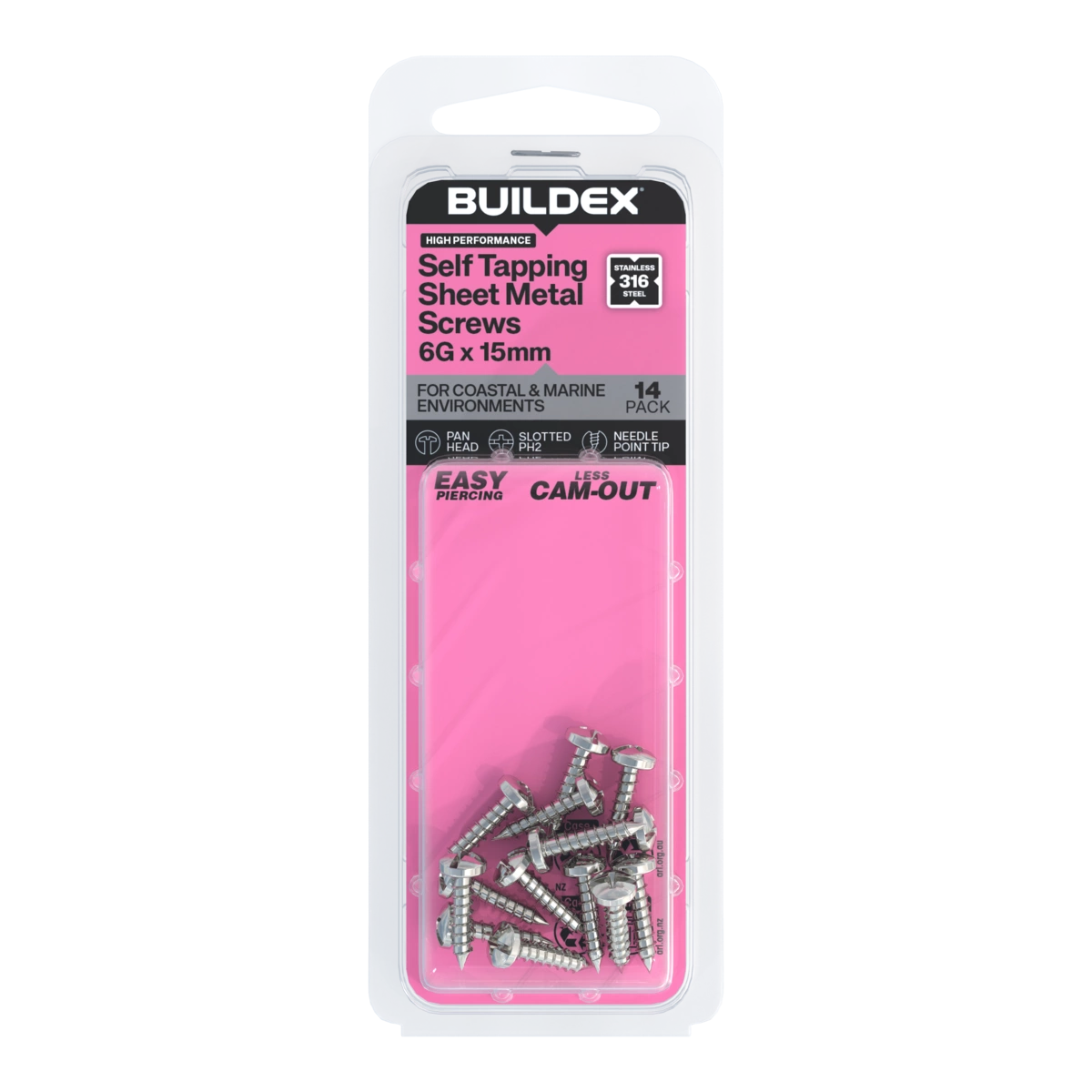 Buildex® 6G x 15mm SS316 Self Tapping Sheet Metal Screws – 14 Pack