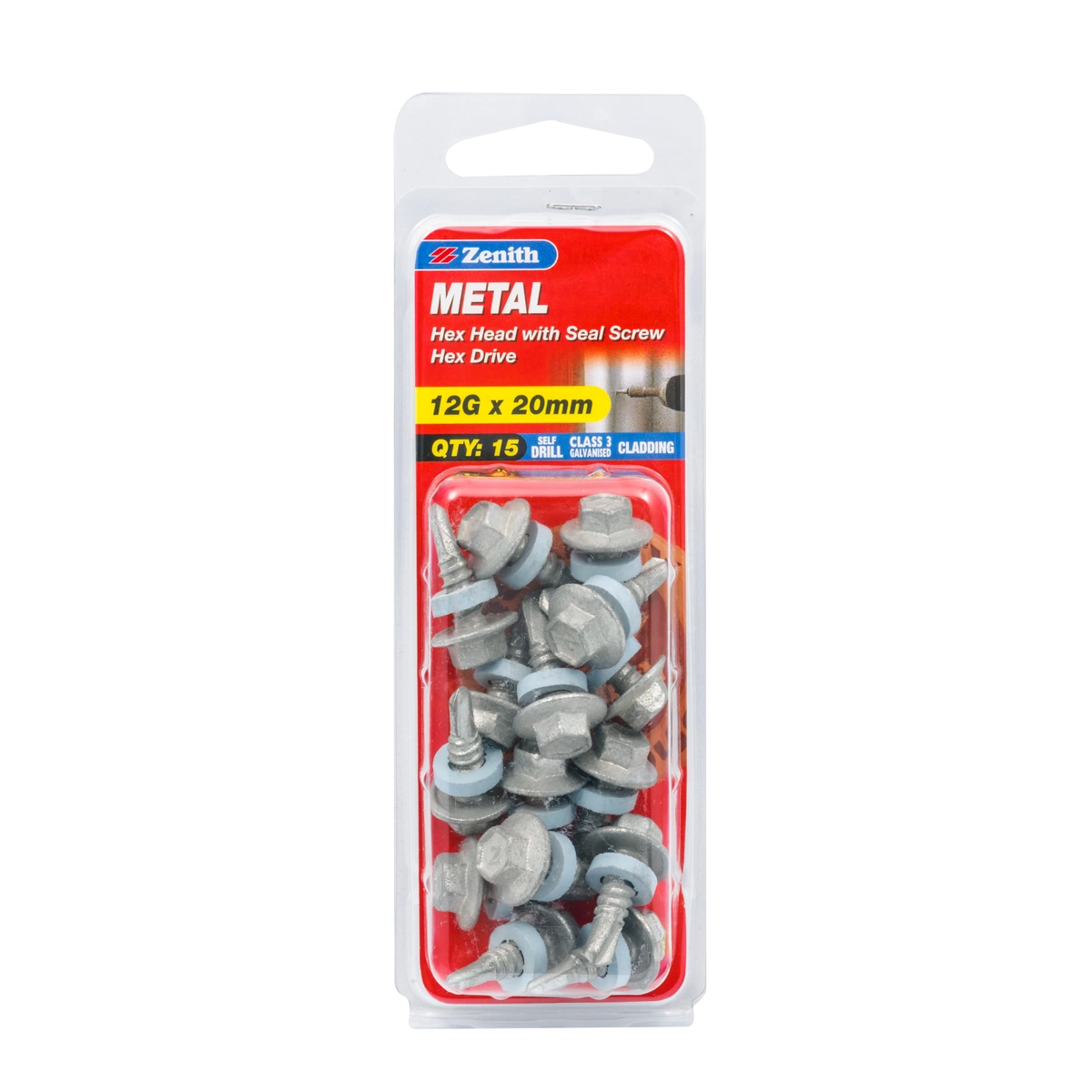 ZENITH® 12G x 20mm Class 3 Galvanised Cladding & Roofing Screws with Seal – 15 Pack