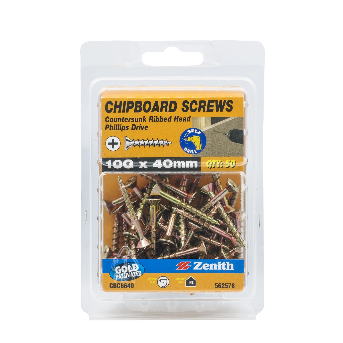 ZENITH® 10G x 40mm Gold Passivated Chipboard Screws (Phillips Drive) – 50 Pack