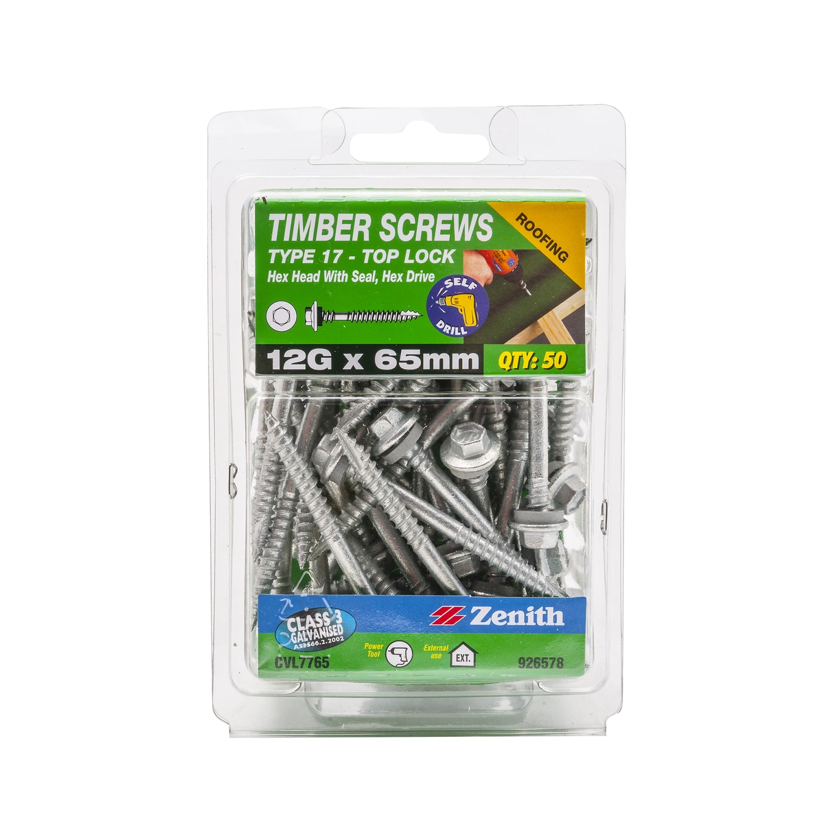 ZENITH® 12G x 65mm Class 3 Galvanised Cladding & Roofing Screws with Seal – 50 Pack