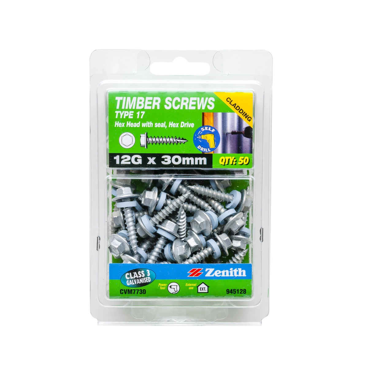 ZENITH® 12G x 30mm Class 3 Galvanised Cladding & Roofing Screws with Seal – 50 Pack