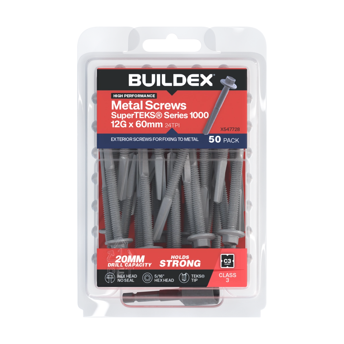 Buildex® 12G x 60mm Class 3 Galvanised SuperTEKS® Series 1000 Metal Screws – 50 Pack