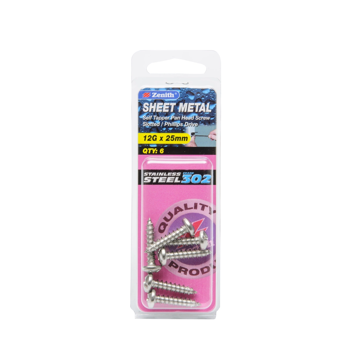 ZENITH® 12G x 25mm 304 Stainless Steel Sheet Metal Screws – 6 Pack