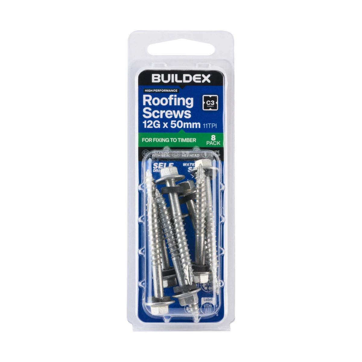 Buildex® 12G x 50mm Class 3 Roofing Screws with Seal – 8 Pack