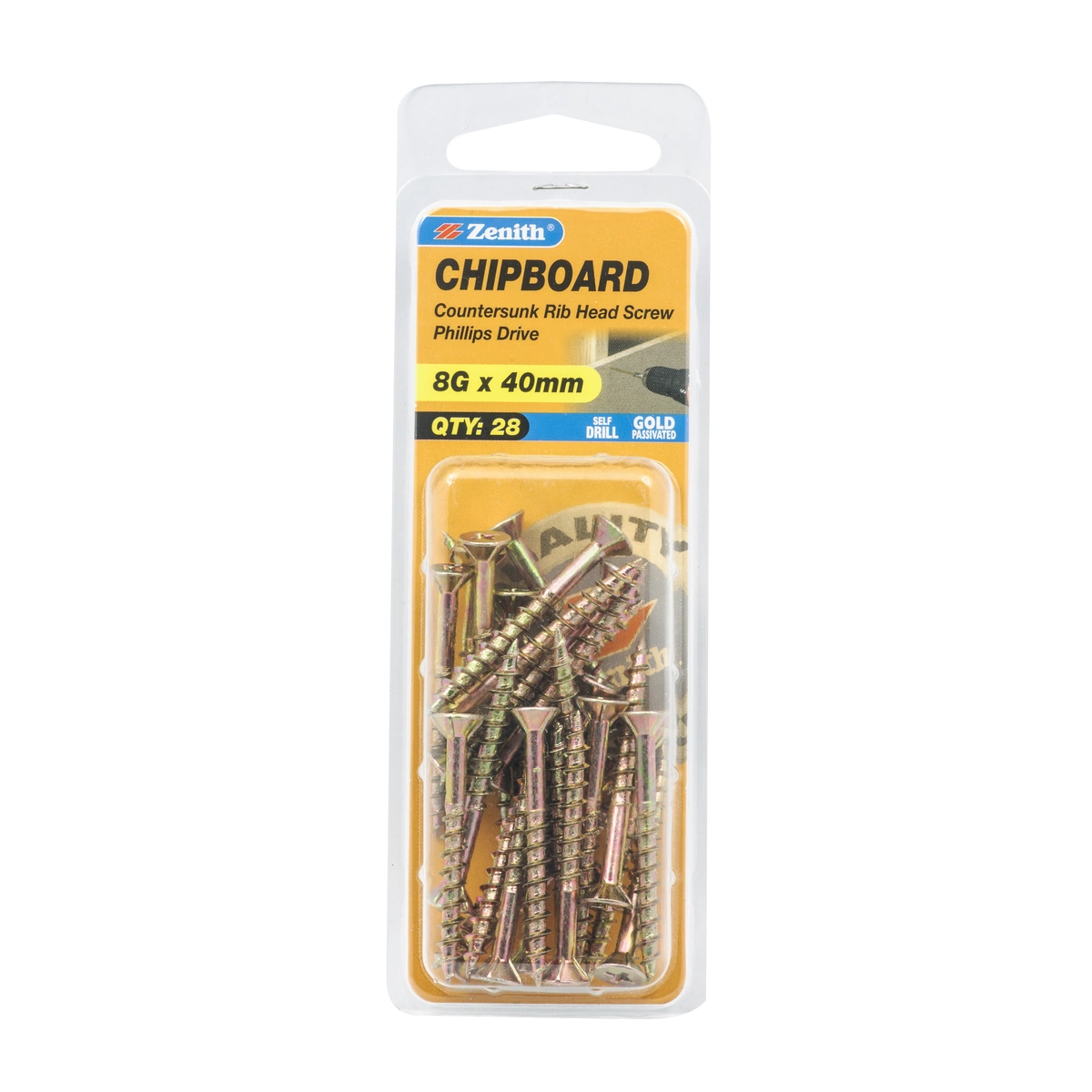 ZENITH® 8G x 40mm Gold Passivated Chipboard Screws – 28 Pack