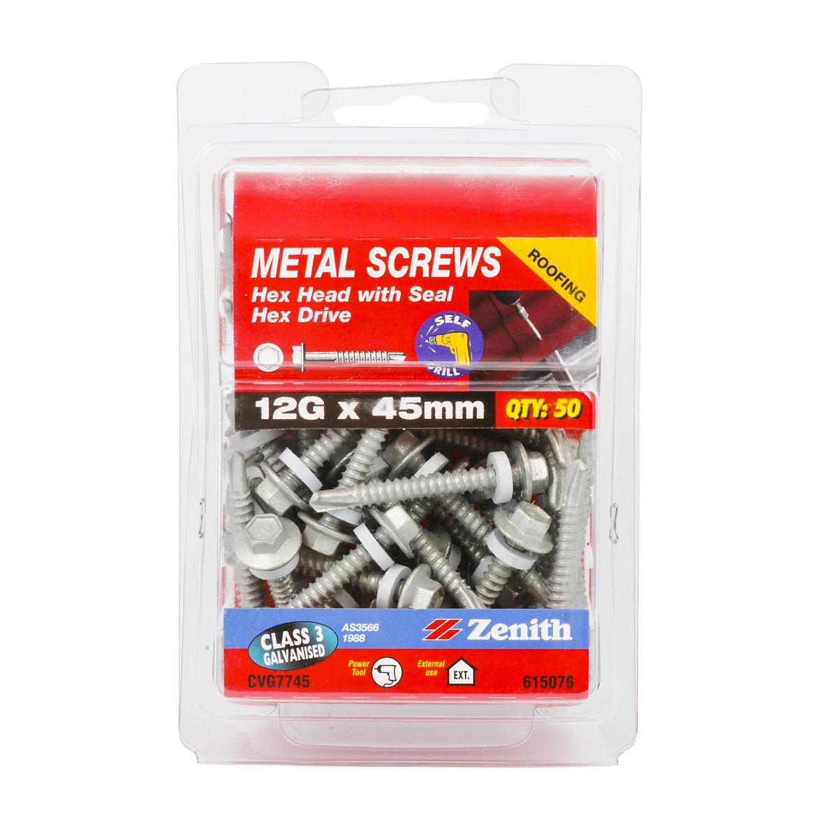 ZENITH® 12G x 45mm Class 3 Galvanised Cladding & Roofing Screws with Seal (Self Drilling) – 50 Pack