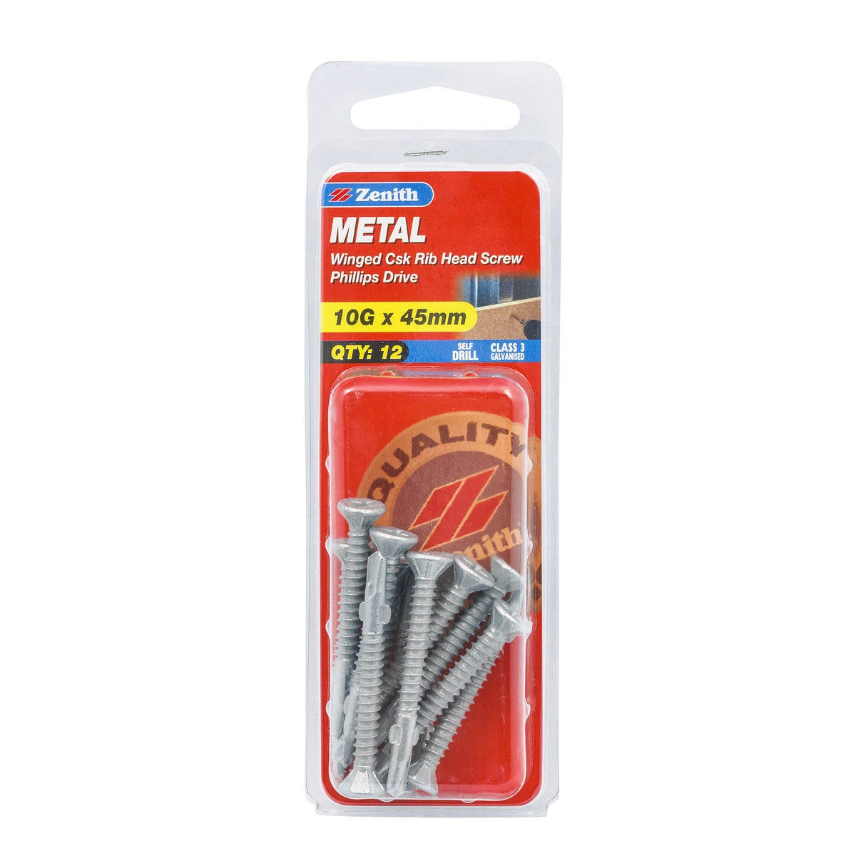 ZENITH® 10G x 45mm Class 3 Galvanised Metal Screws – 12 Pack