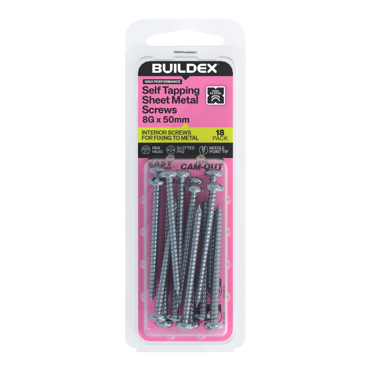 Buildex® 8G x 50mm Zinc Plated Self Tapping Sheet Metal Screws – 18 Pack