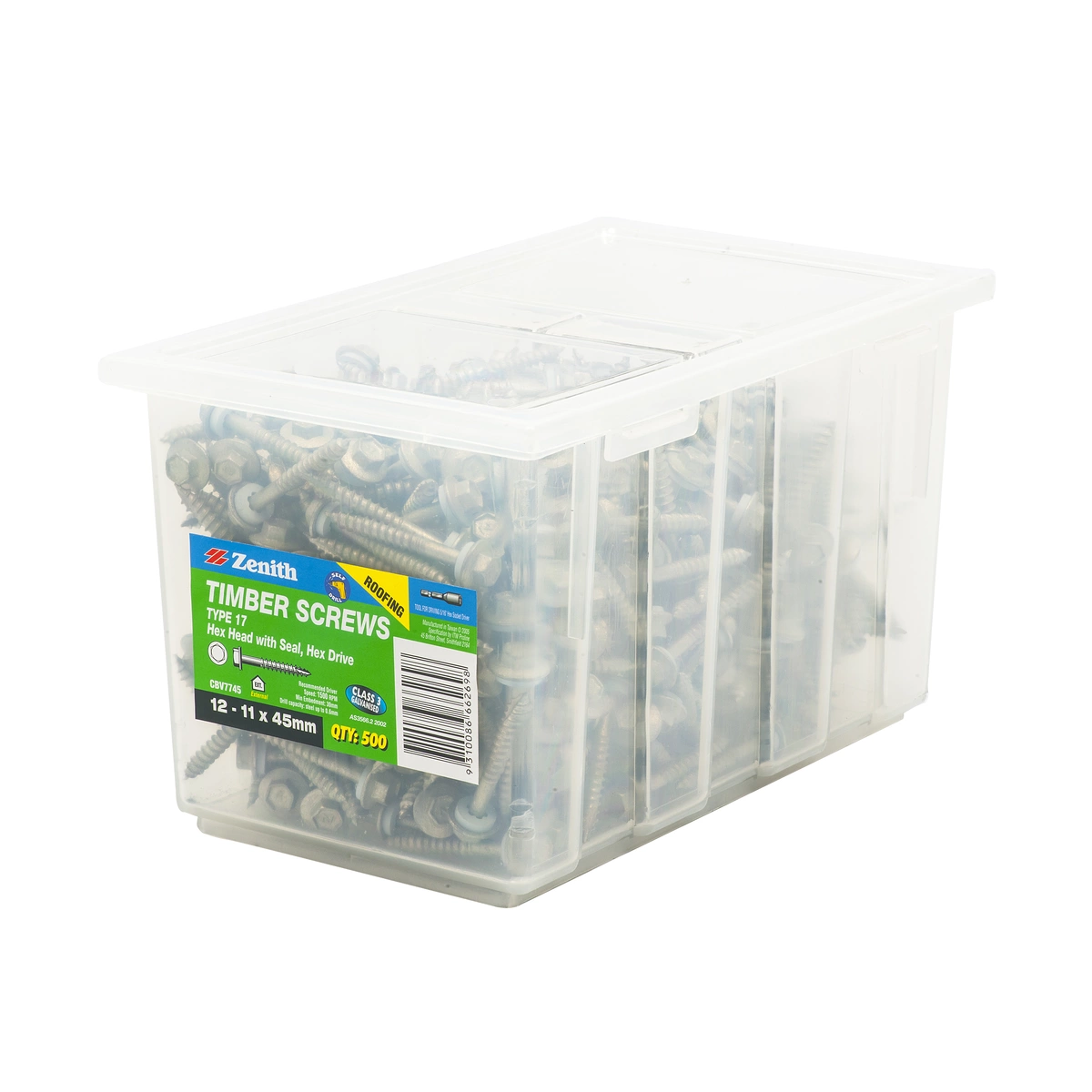ZENITH® 12G x 45mm Class 3 Galvanised Cladding & Roofing Screws (Hex Head with Seal) – 500 Pack