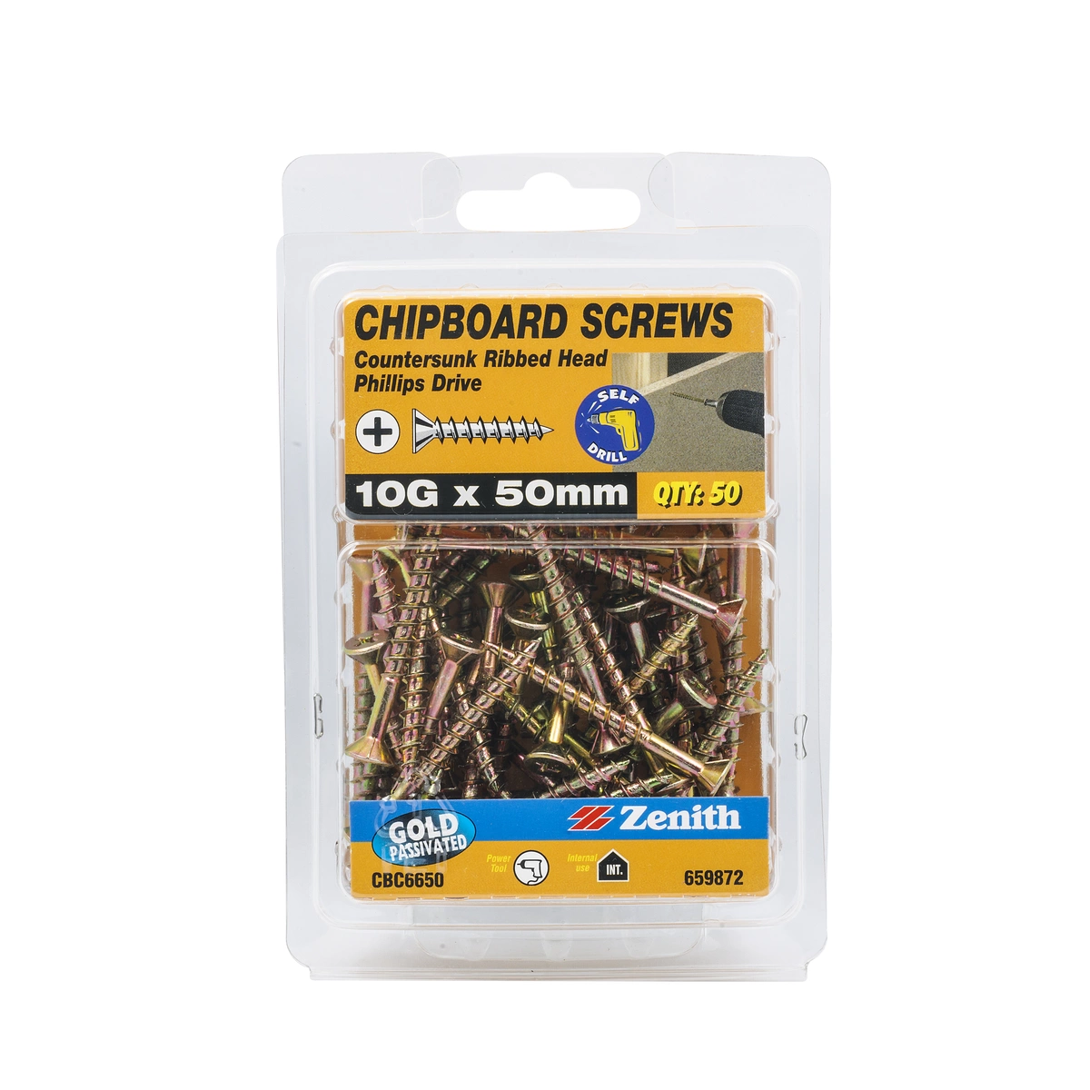ZENITH® 10G x 50mm Gold Passivated Chipboard Screws (Phillips Drive) – 50 Pack
