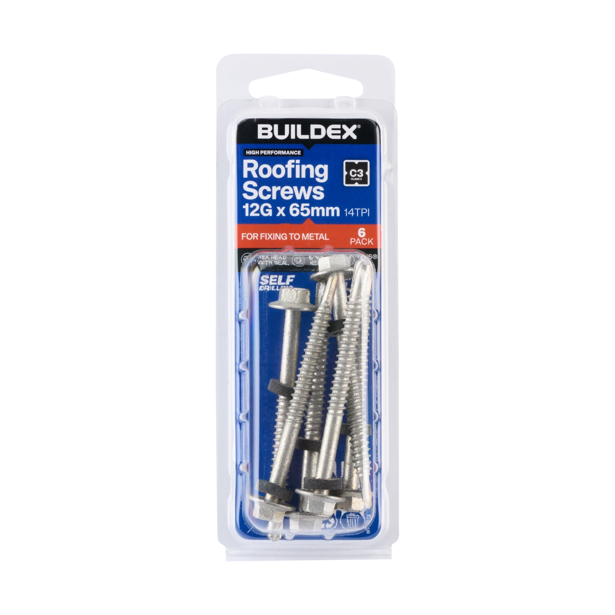 Buildex® 12G x 65mm Class 3 Roofing TEKS® Screws with Seal – 6 Pack
