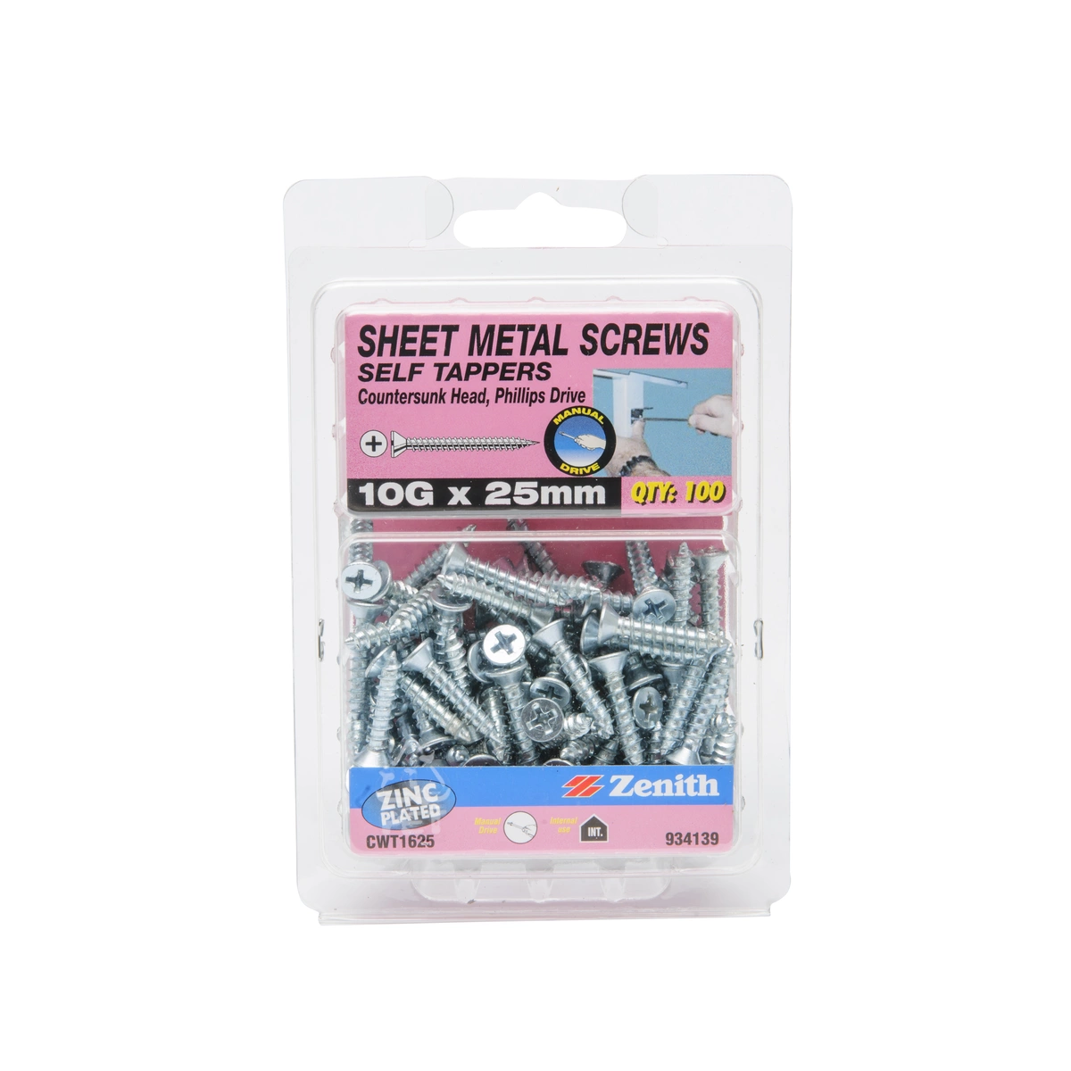 ZENITH® 10G x 25mm Zinc Plated Sheet Metal Screws – 100 Pack
