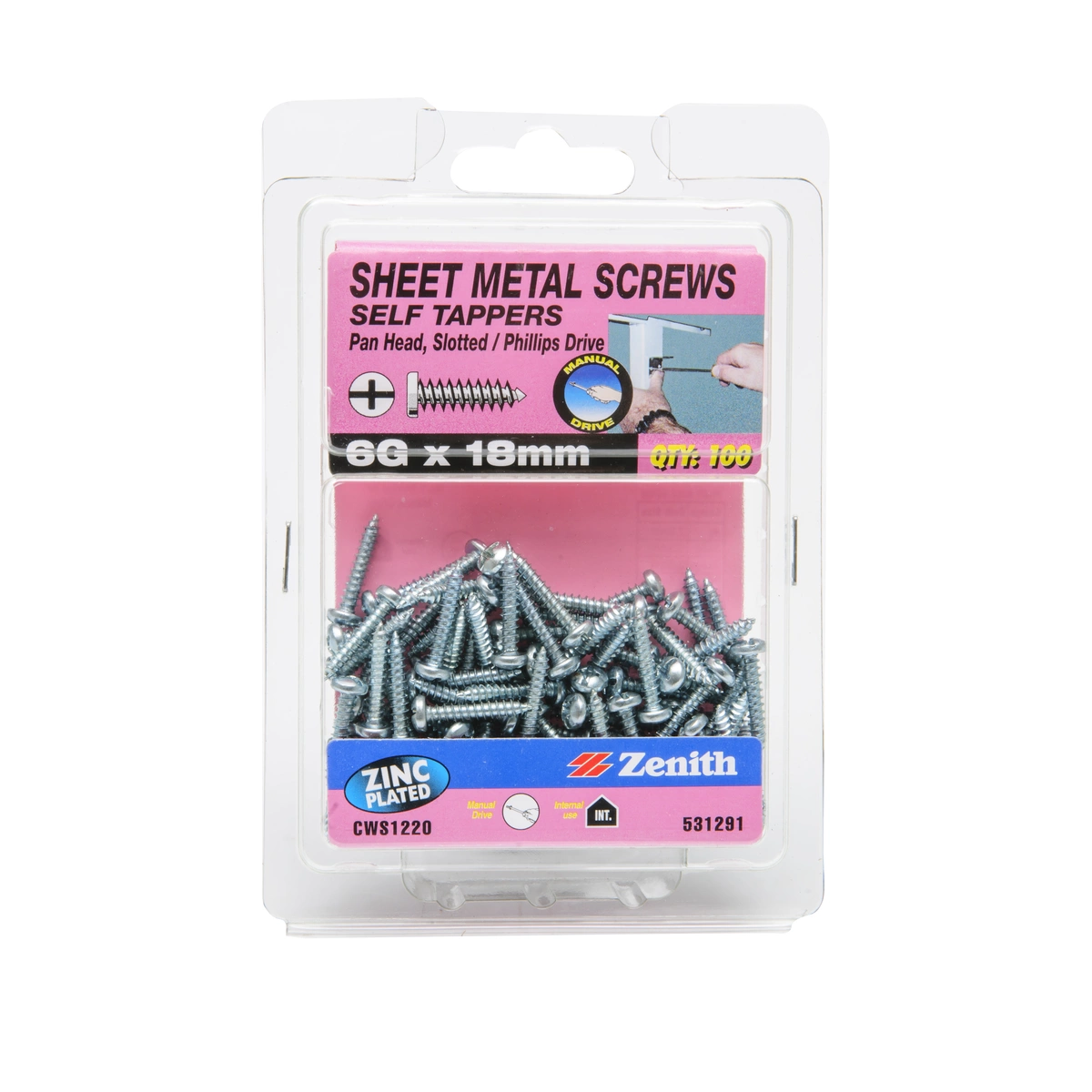 ZENITH® 6G x 18mm Zinc Plated Sheet Metal Screws – 100 Pack
