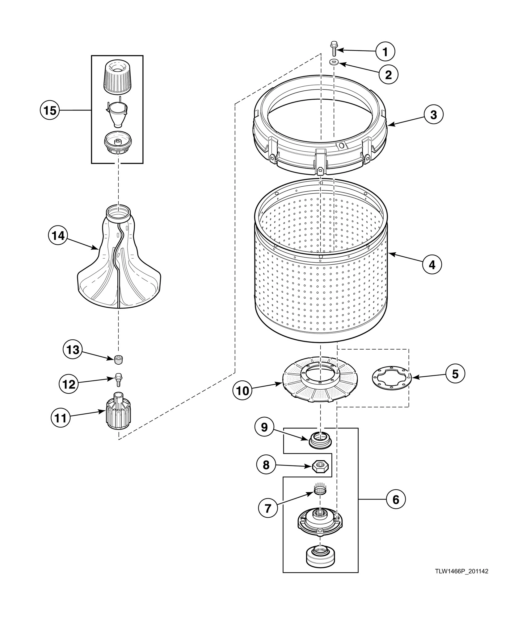 Agitator, Fabric Softener Dispenser, Drive Bell, Hub and Lip Seal Kit and Washtub (Drawing 2 of 2)