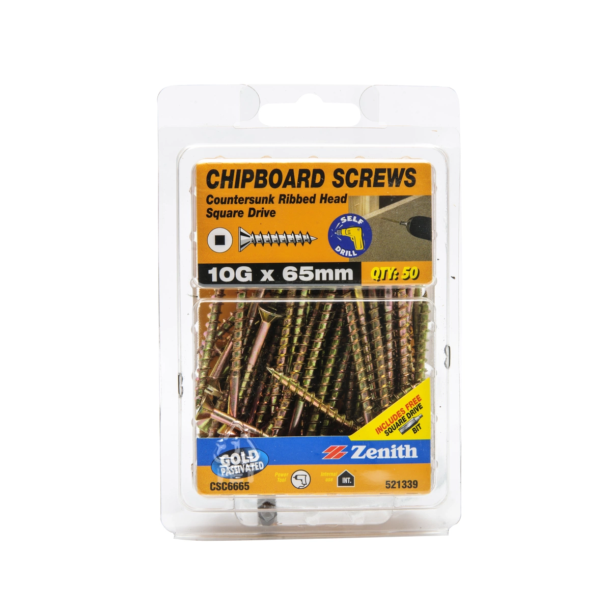 ZENITH® 10G x 65mm Gold Passivated Chipboard Screws (Square Drive) – 50 Pack