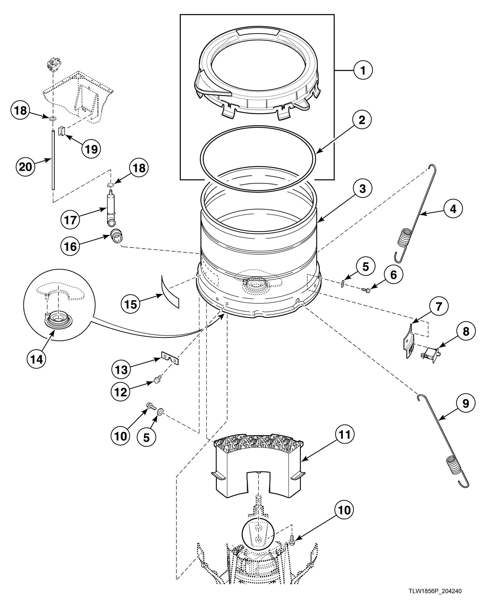 Outer Tub, Cover, Bearing and Seal Housing, Pressure Hose and Counterweight