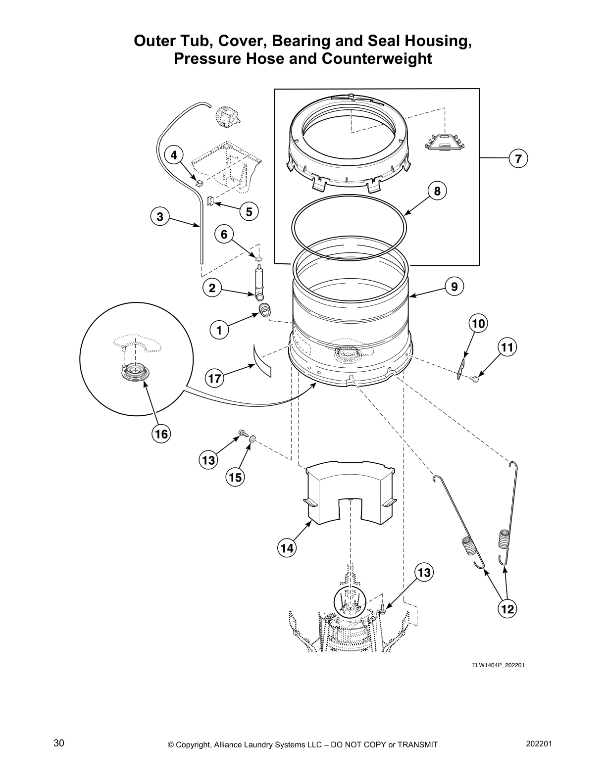 Outer Tub, Cover, Bearing and Seal Housing,
Pressure Hose and Counterweight