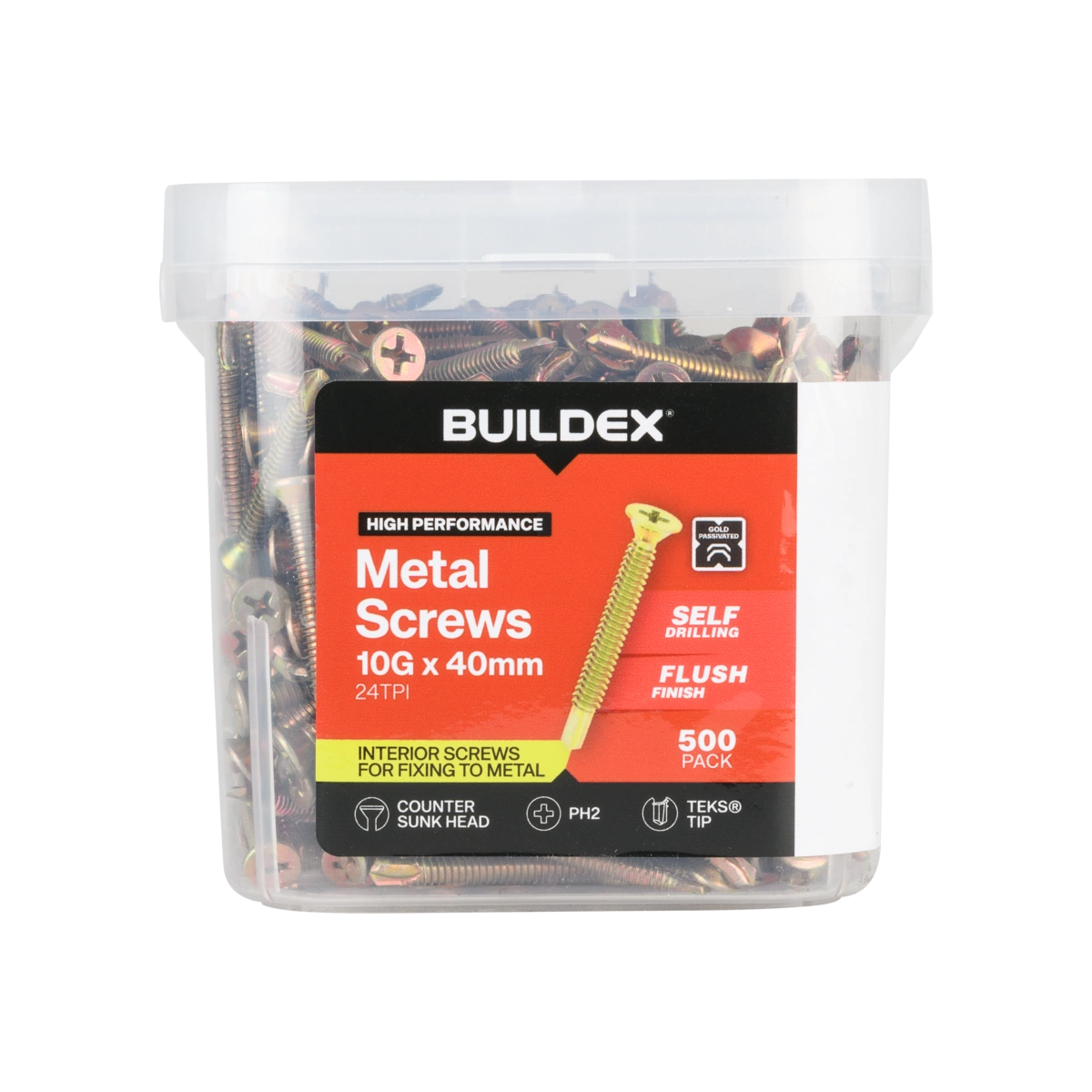 Buildex® 10G x 40mm Gold Passivated Sheet Metal Screws – 500 Pack