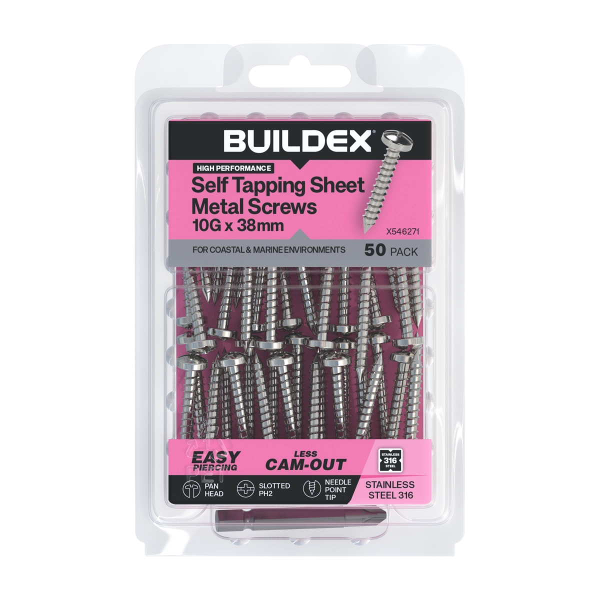 Buildex® 10G x 38mm SS316 Self Tapping Sheet Metal Screws (Pan Head) – 50 Pack