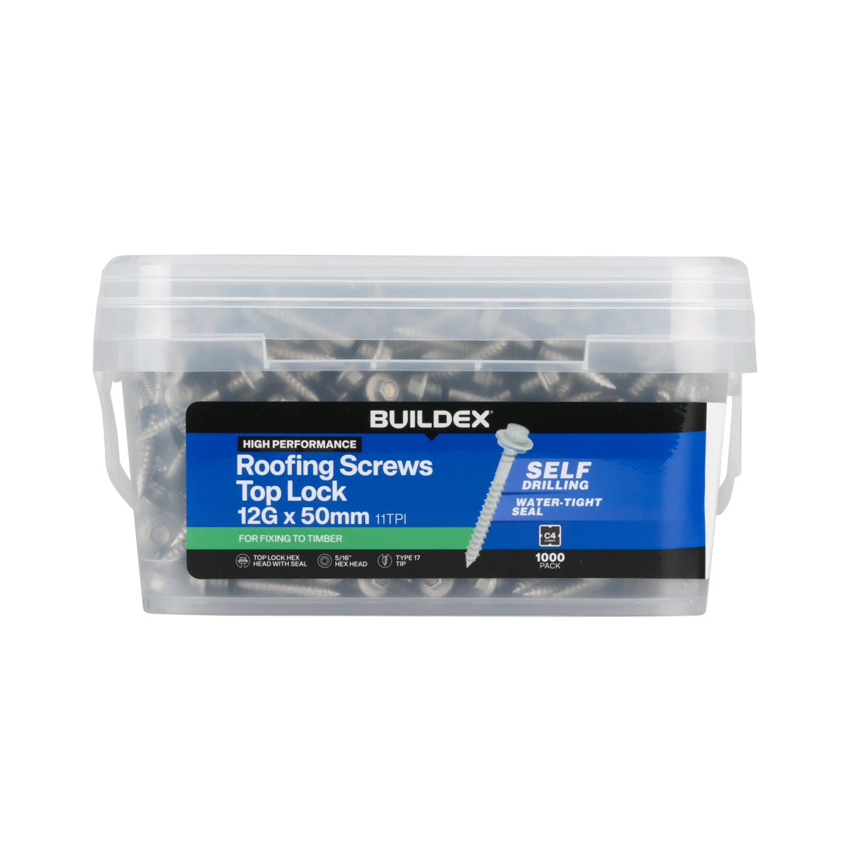 Buildex® 12G x 50mm Class 4 Roofing Screws with Seal – 1000 Pack