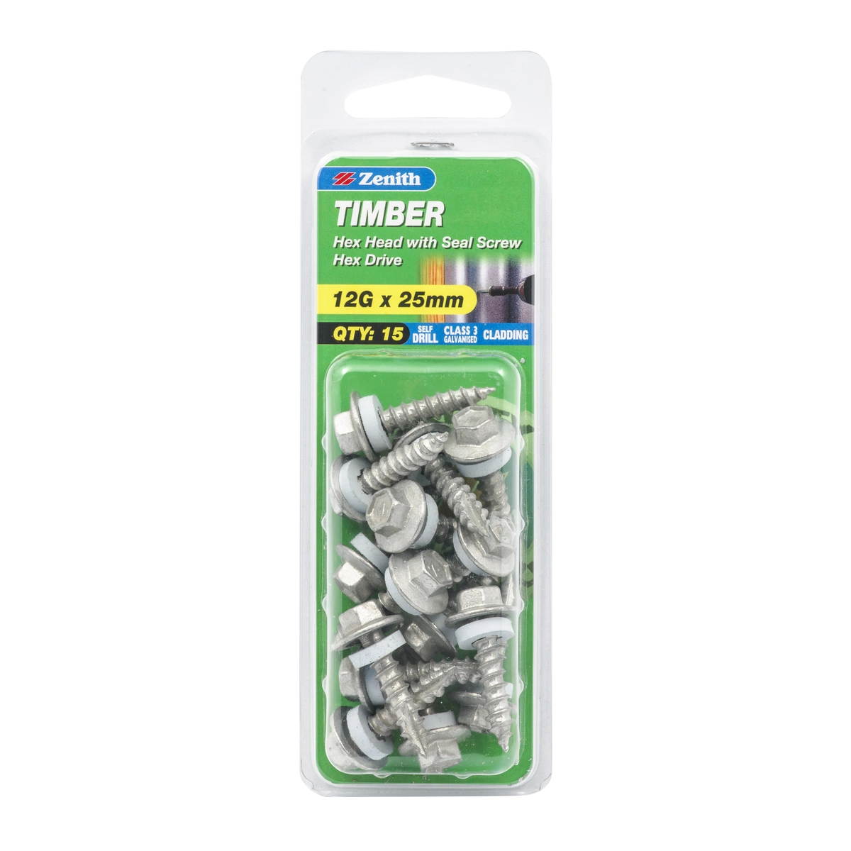 ZENITH® 12G x 25mm Class 3 Galvanised Cladding & Roofing Screws with Seal – 15 Pack