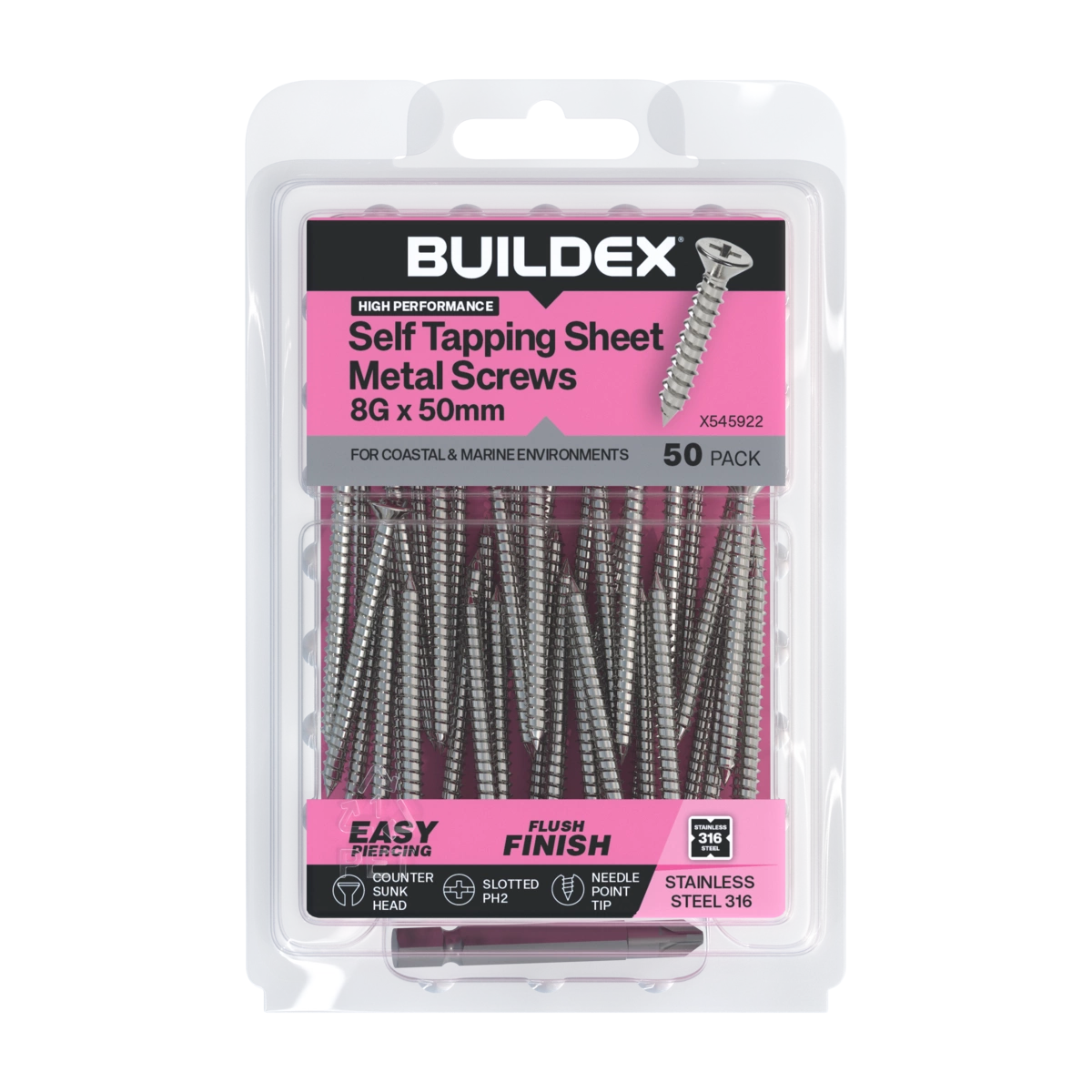 Buildex® 8G x 50mm SS316 Self Tapping Sheet Metal Screws – 50 Pack