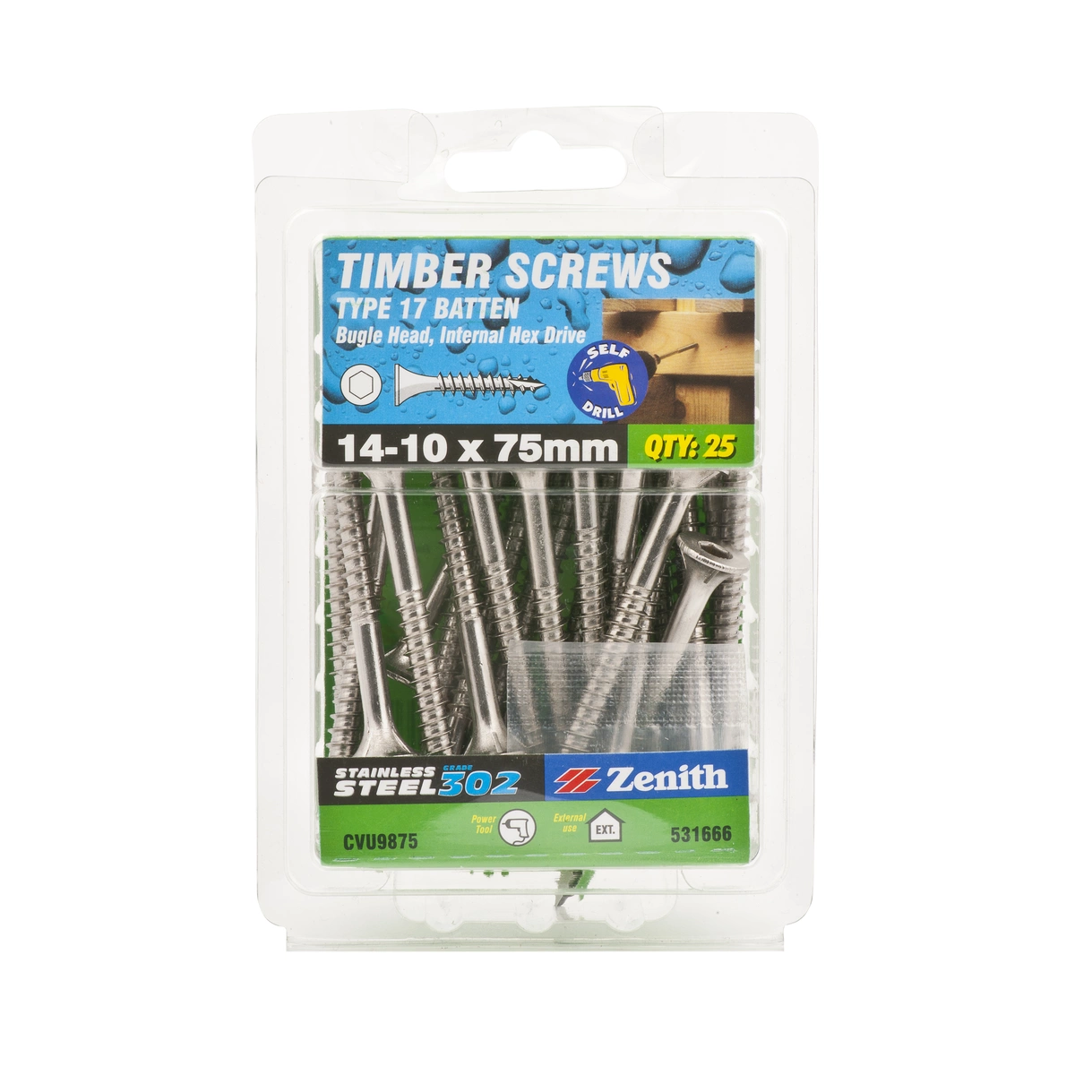 ZENITH® 14G x 75mm 304 Stainless Steel Bugle Batten Screws – 25 Pack
