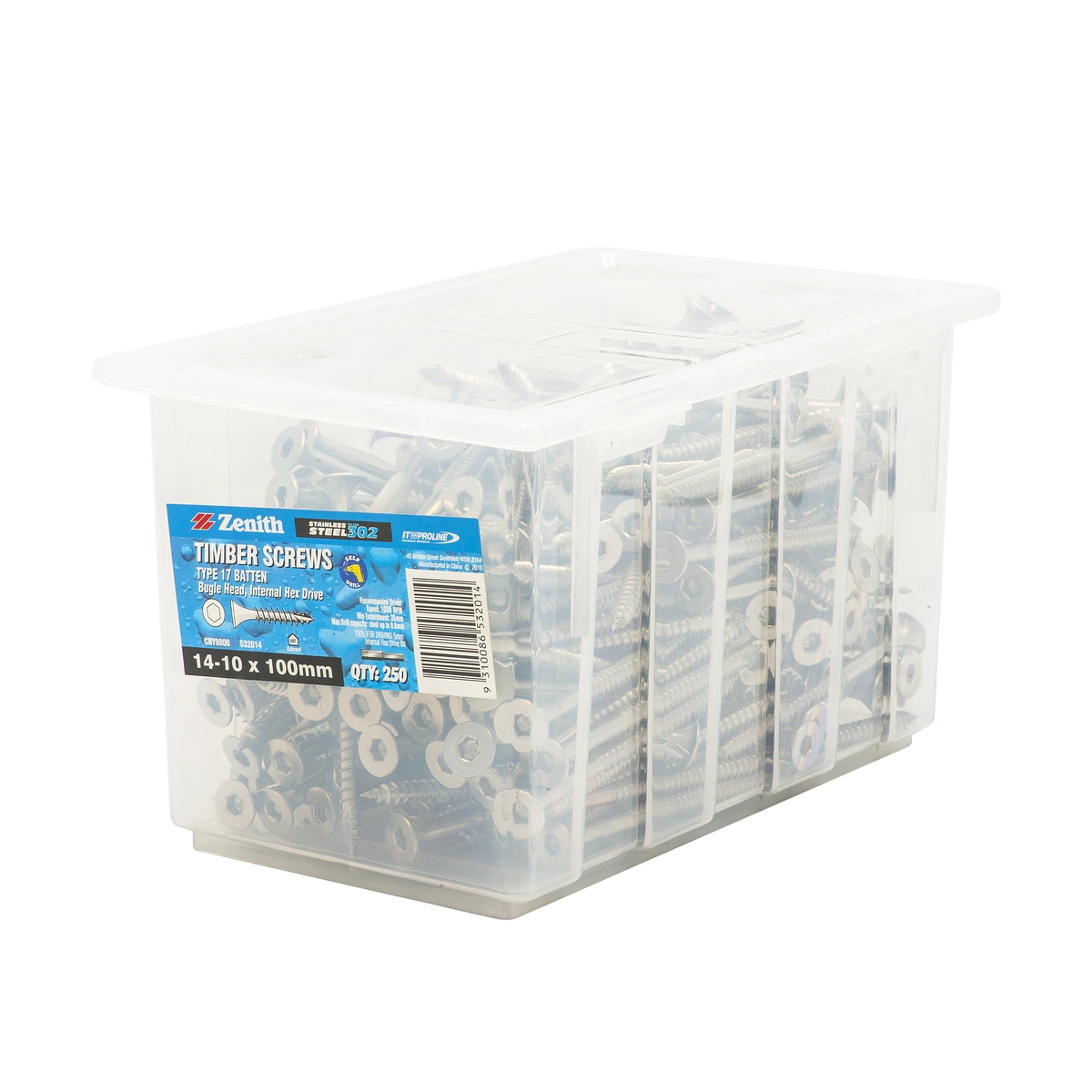 ZENITH® 14G x 100mm 304 Stainless Steel Bugle Batten Screws – 250 Pack
