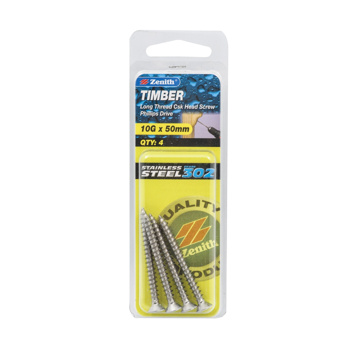 ZENITH® 10G x 50mm 304 Stainless Steel Timber Screws – 4 Pack