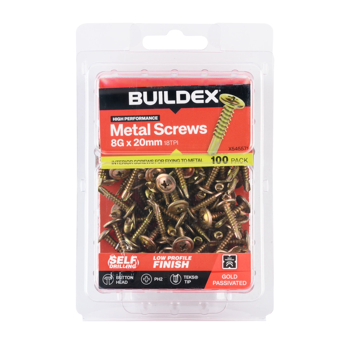 Buildex® 8G x 20mm Gold Passivated Sheet Metal Screws – 100 Pack