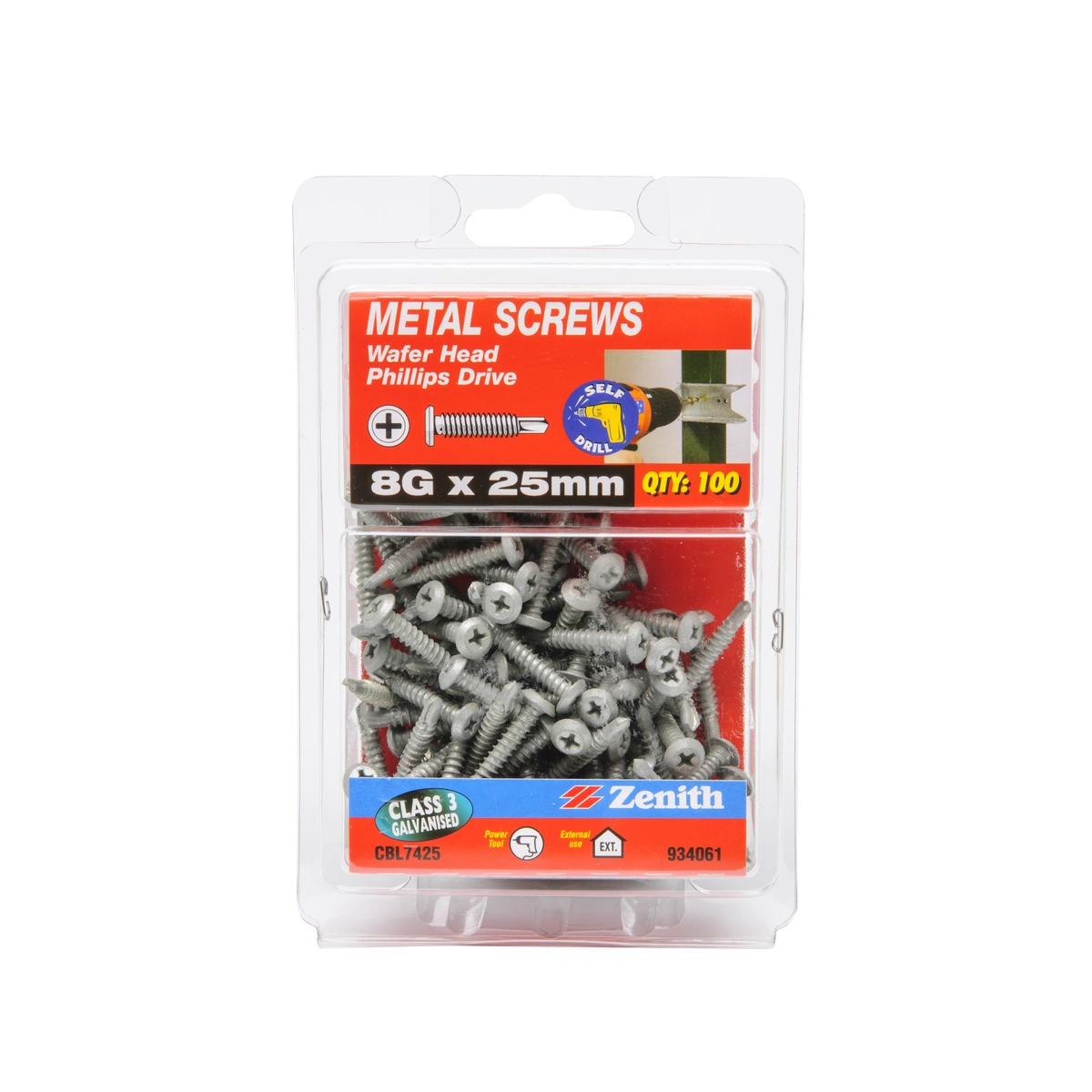 ZENITH® 8G x 25mm Class 3 Galvanised Metal Screws – 100 Pack