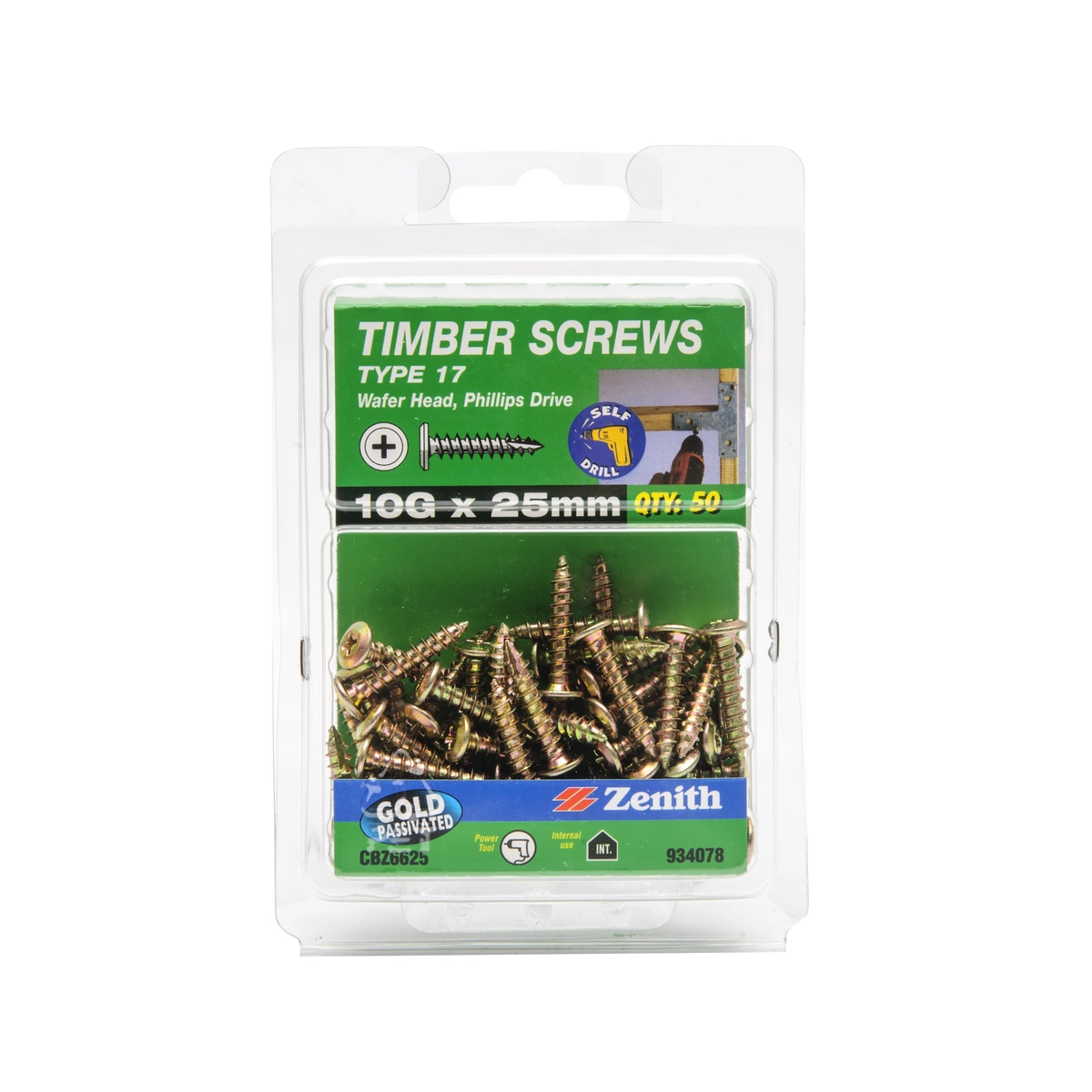 ZENITH® 10G x 25mm Gold Passivated Timber Screws – 50 Pack