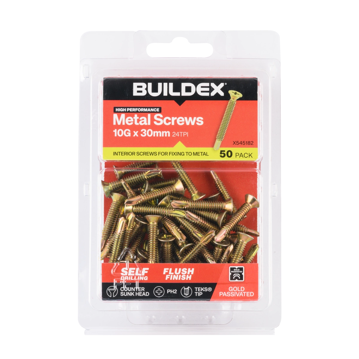 Buildex® 10G x 30mm Gold Passivated Sheet Metal Screws – 50 Pack