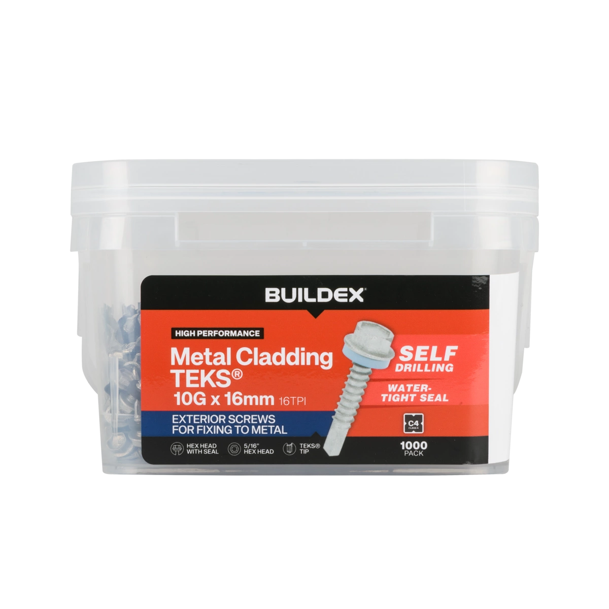 Buildex® 10G x 16mm Class 4 Metal Cladding TEKS® Screws with Seal – 1000 Pack