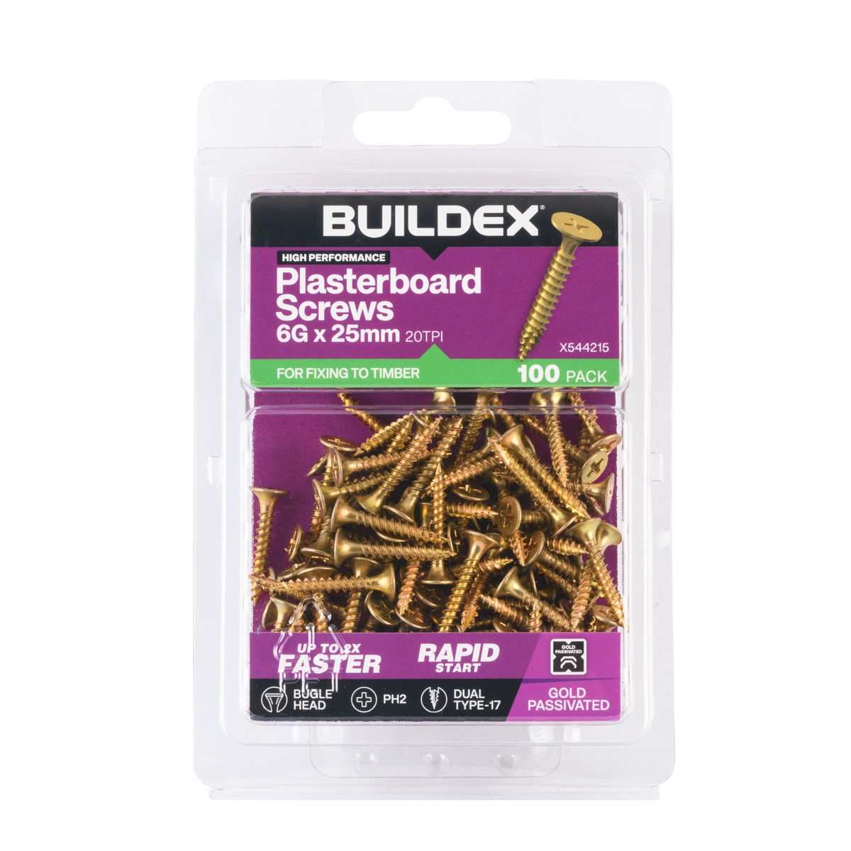 Buildex® 6G x 25mm Gold Passivated Plasterboard Screws (Dual Type-17 Tip) – 100 Pack