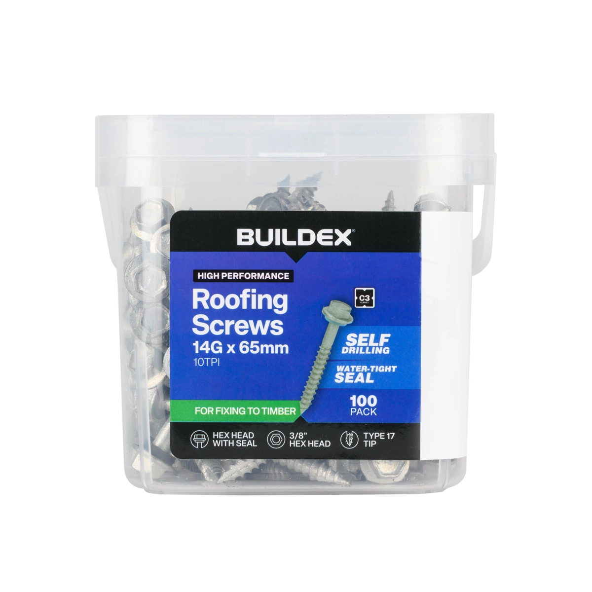 Buildex® 14G x 65mm Class 3 Roofing Screws with Seal – 100 Pack