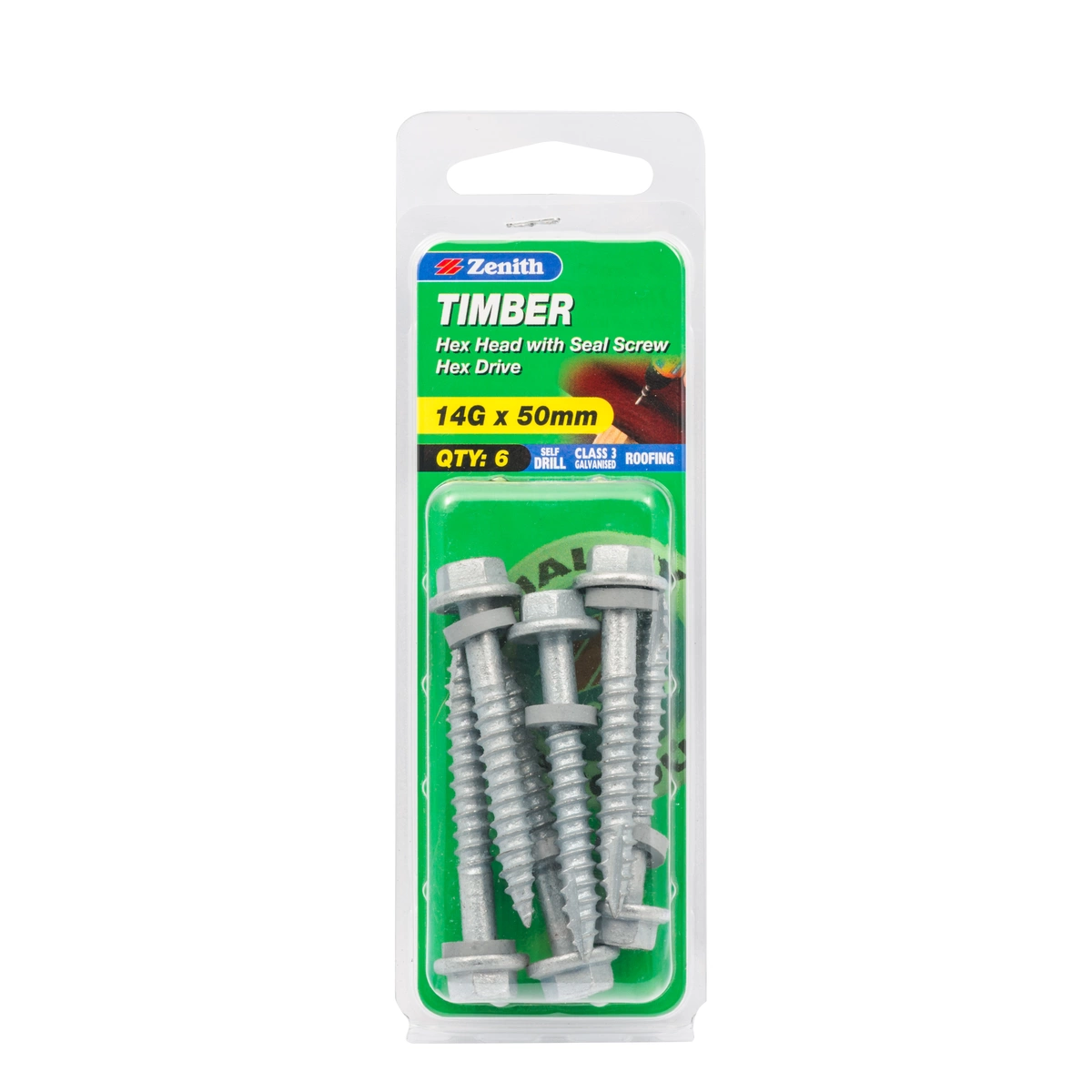 ZENITH® 14G x 50mm Class 3 Galvanised Cladding & Roofing Screws with Seal – 6 Pack