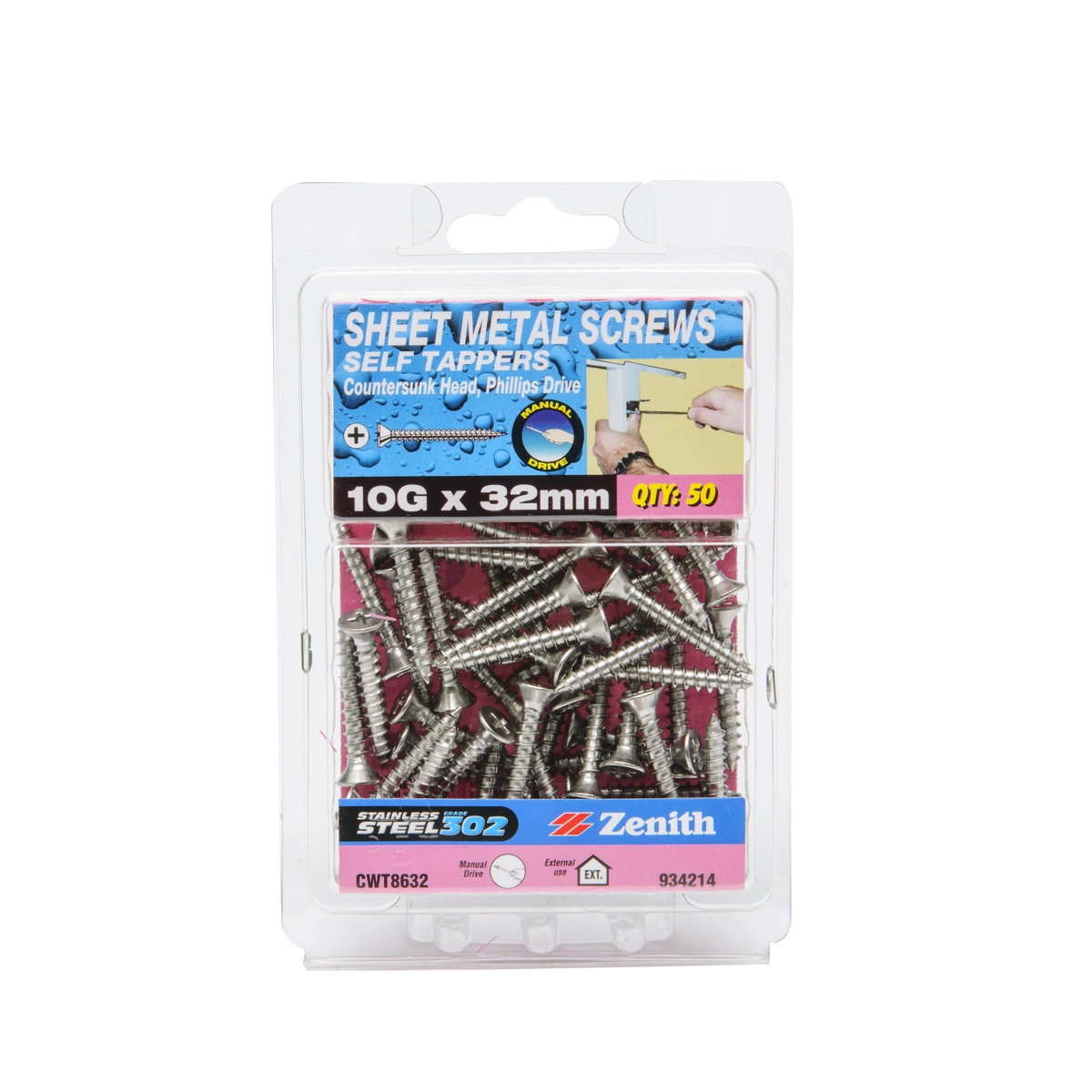 ZENITH® 10G x 32mm 304 Stainless Steel Sheet Metal Screws – 50 Pack