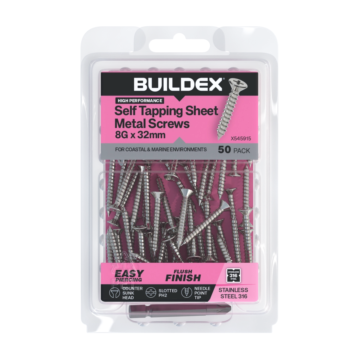 Buildex® 8G x 32mm SS316 Self Tapping Sheet Metal Screws – 50 Pack