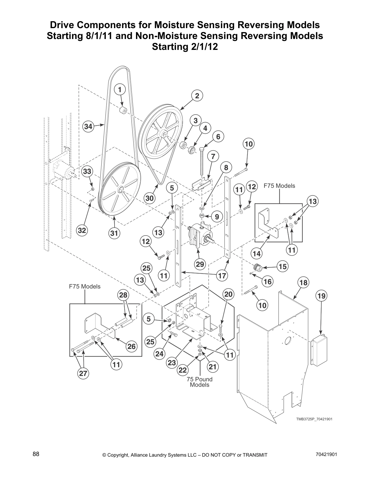 Drive Components for Moisture Sensing Reversing Models
Starting 8/1/11 and Non-Moisture Sensing Reversing Models
Starting 2/1/12