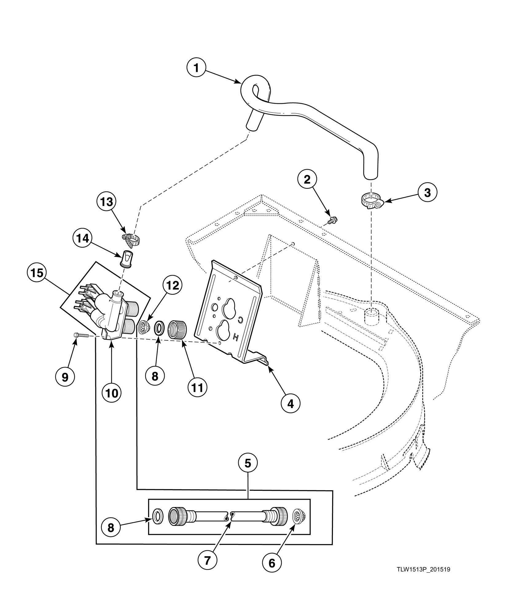 Fill Hose, Mixing Valve-to-Tub Cover Hose, Mixing Valve and Bracket