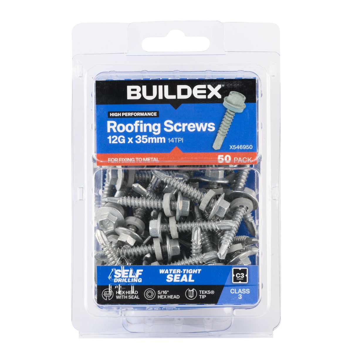 Buildex® 12G x 35mm Class 3 Roofing TEKS® Screws with Seal – 50 Pack