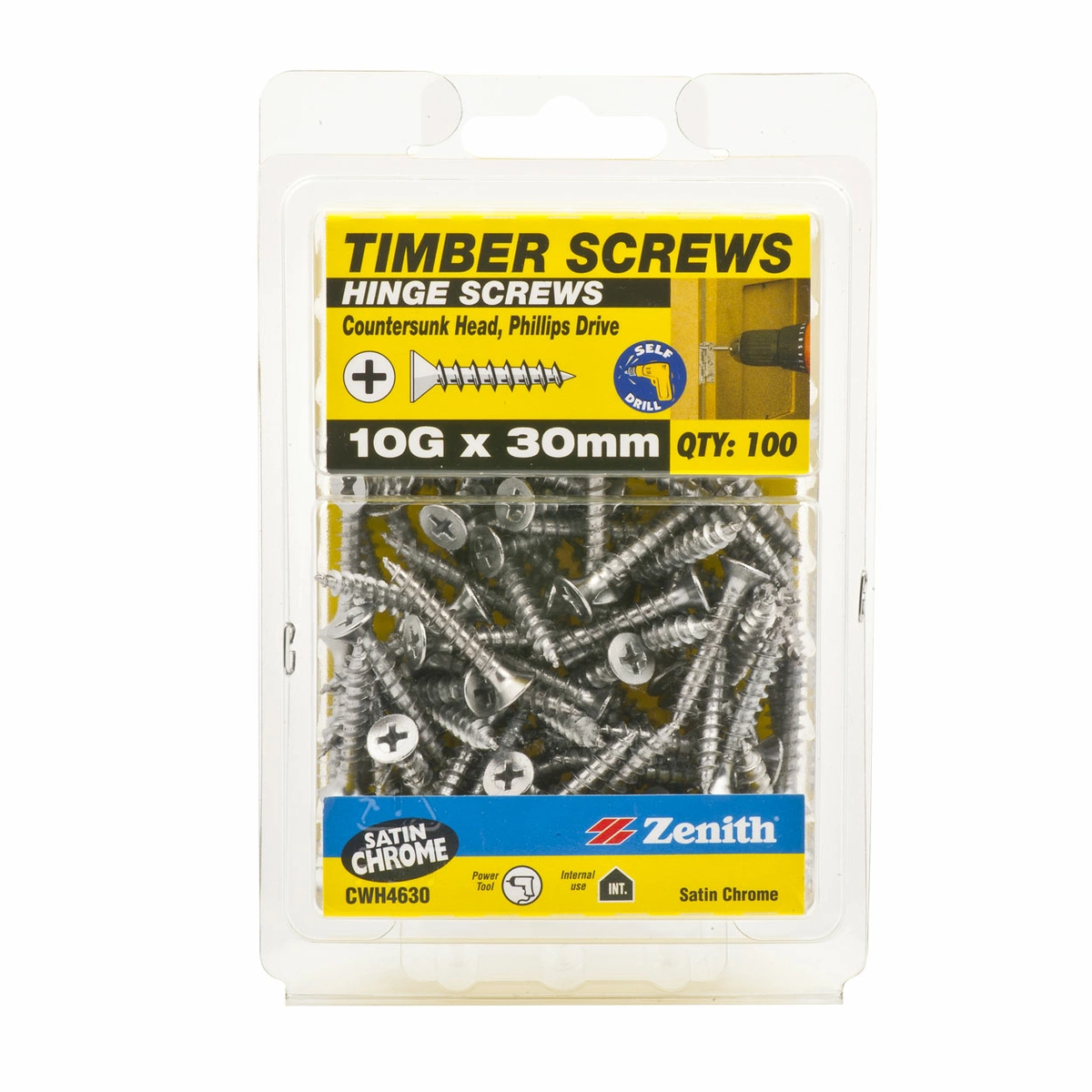 ZENITH® 10G x 30mm Satin Chrome Plated Hinge Screws – 100 Pack