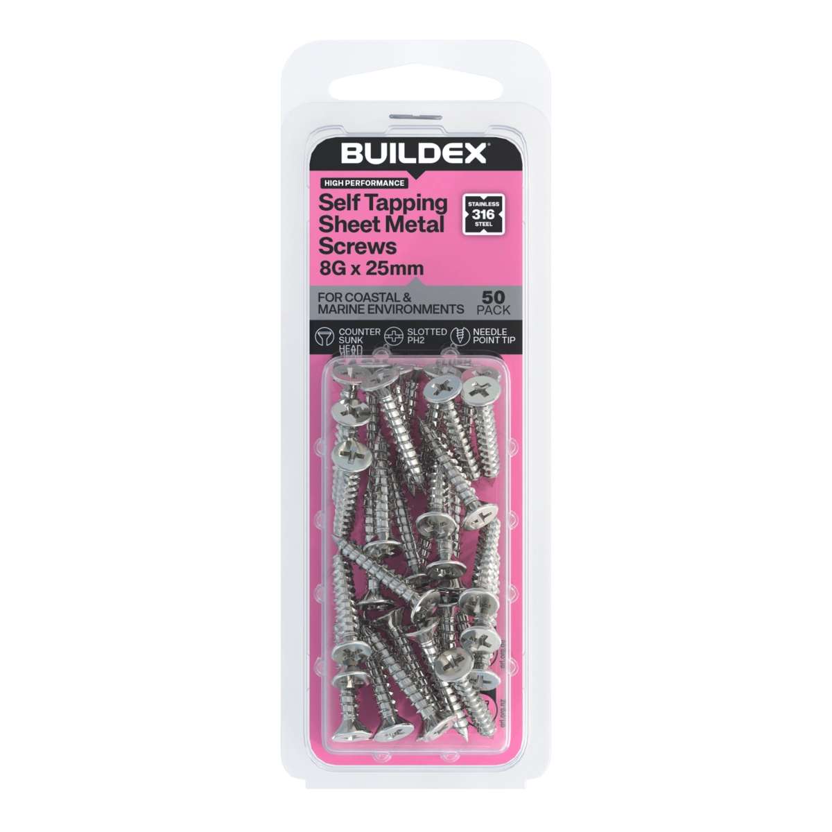 Buildex® 8G x 25mm SS316 Self Tapping Sheet Metal Screws – 50 Pack