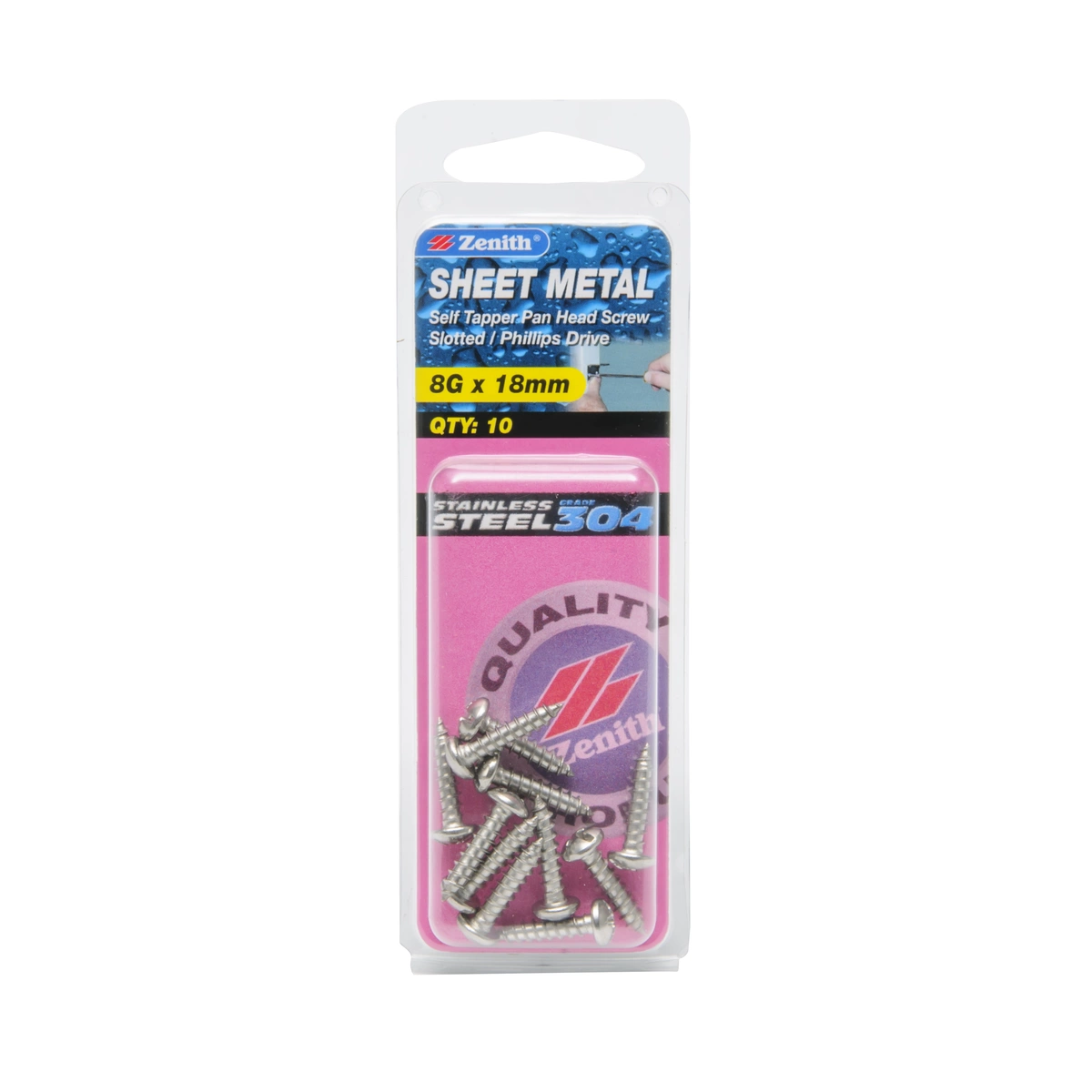 ZENITH® 8G x 18mm 304 Stainless Steel Sheet Metal Screws – 10 Pack