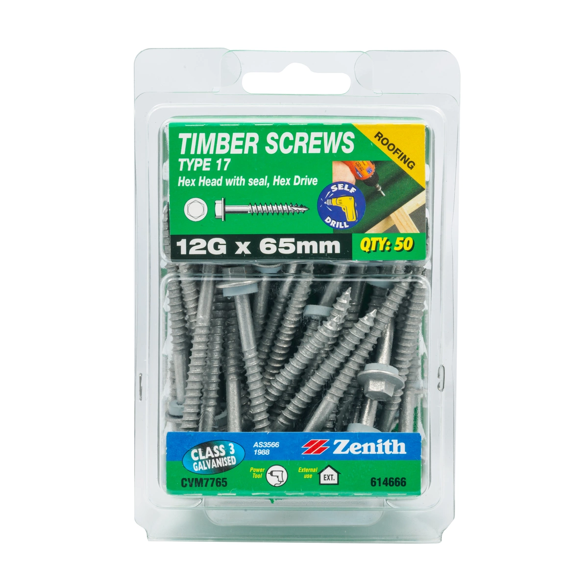 ZENITH® 12G x 65mm Class 3 Galvanised Cladding & Roofing Screws with Seal – 50 Pack