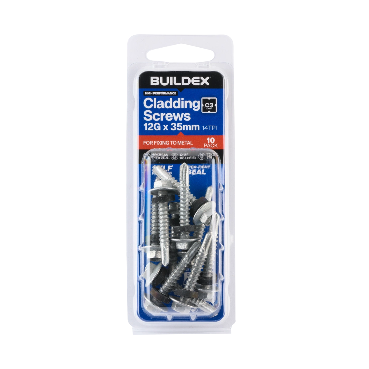 Buildex® 12G x 35mm Class 3 Cladding Screws with Seal – 10 Pack