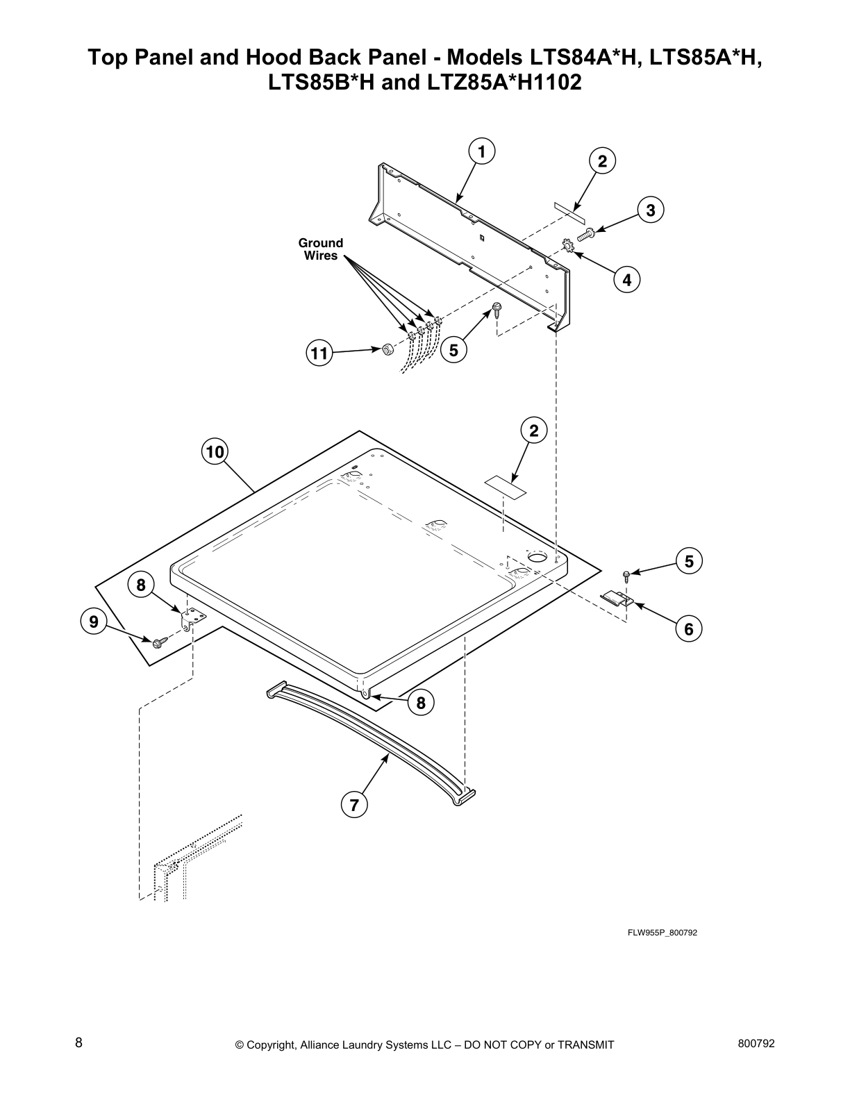 Top Panel and Hood Back Panel - Models LTS84A*H, LTS85A*H,
LTS85B*H and LTZ85A*H1102
