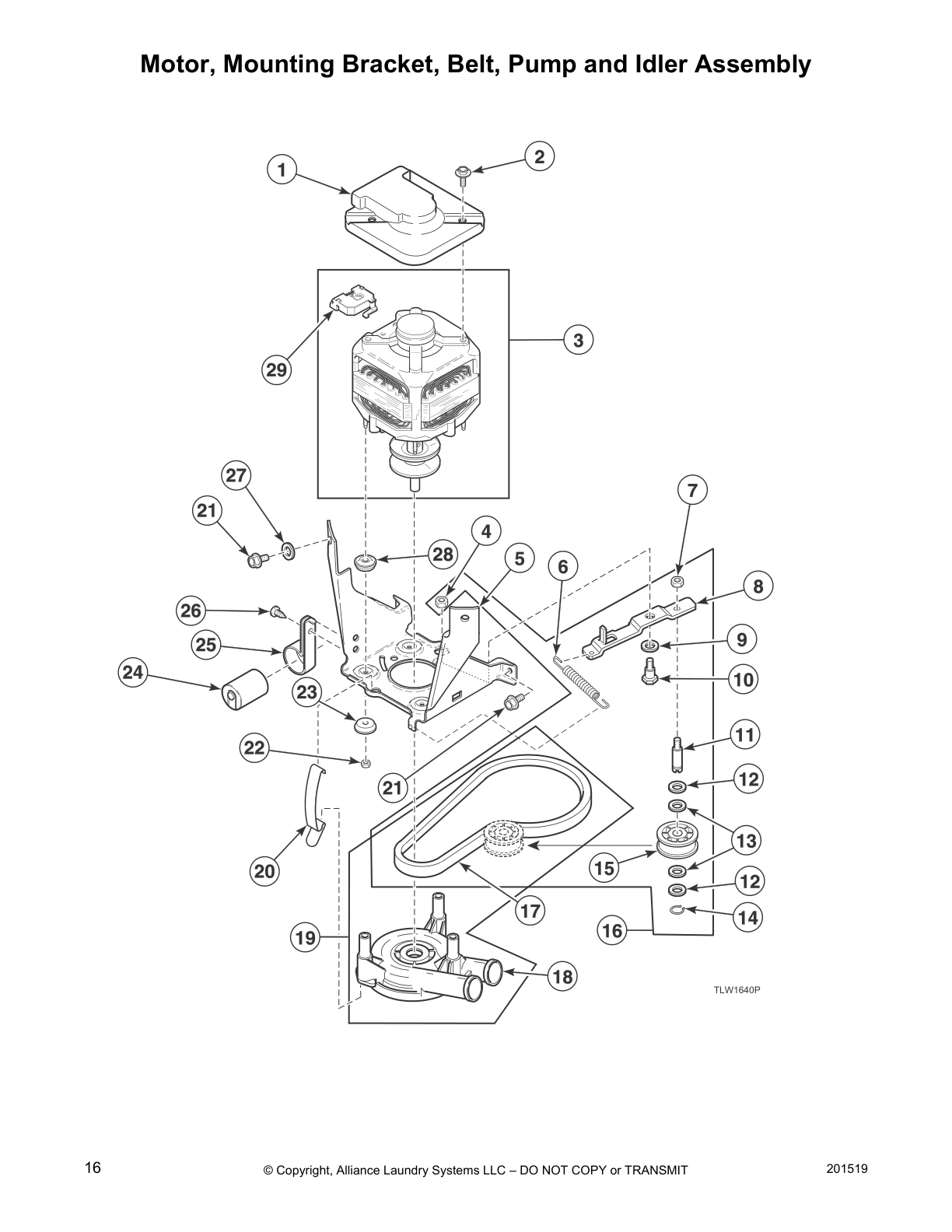 Motor, Mounting Bracket, Belt, Pump and Idler Assembly