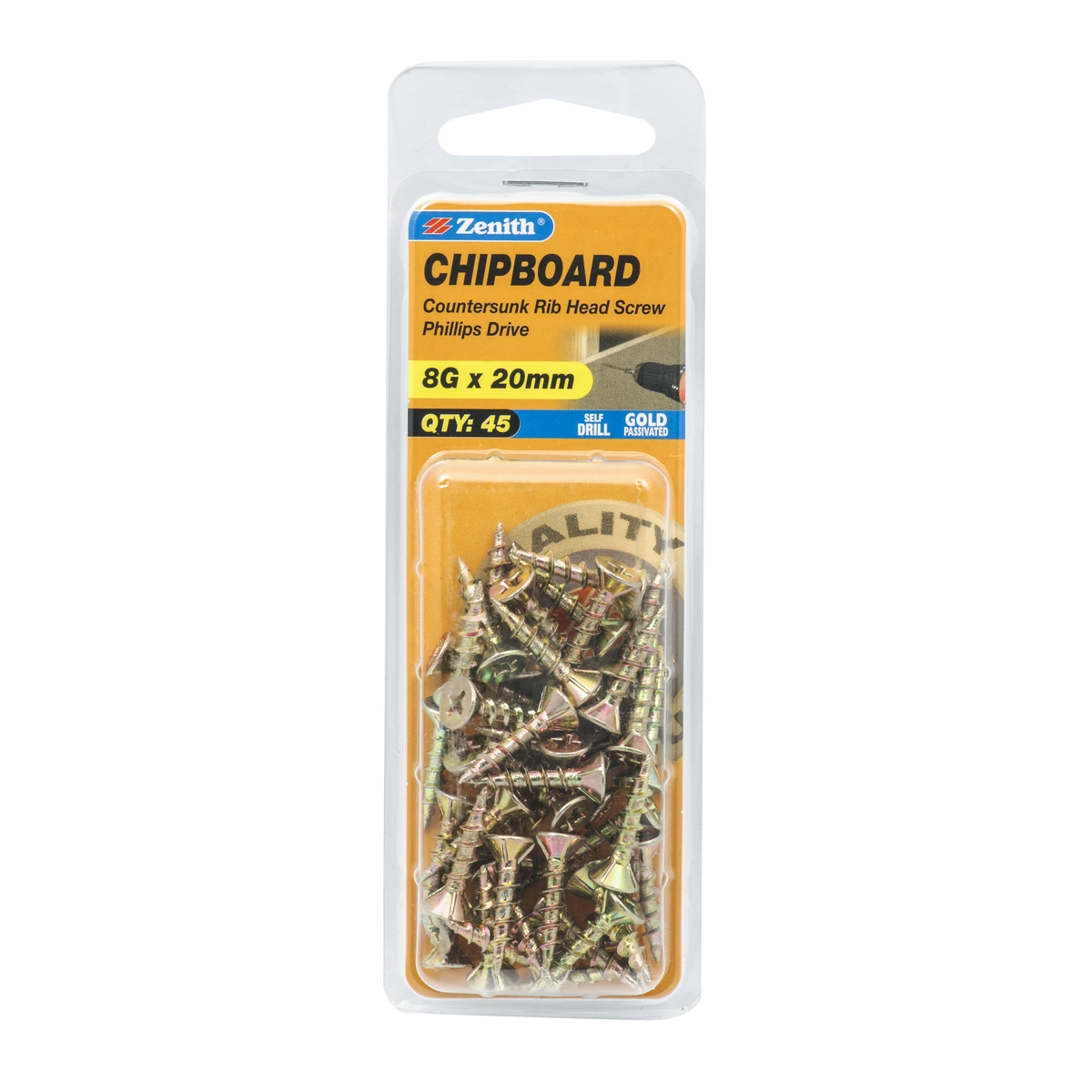 ZENITH® 8G x 20mm Gold Passivated Chipboard Screws – 45 Pack